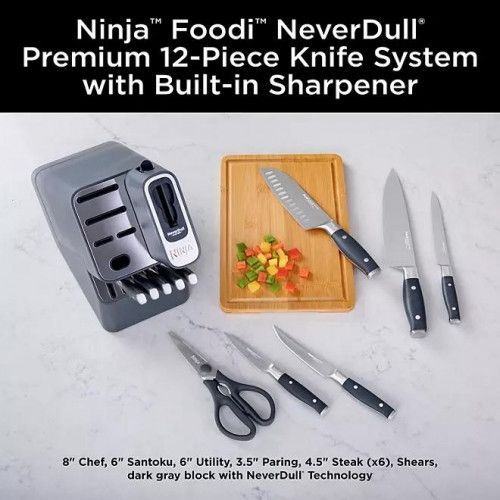 Ninja Foodi NeverDull Premium 12-Piece German Stainless Steel Knife System with Built-in Sharpener, Gray